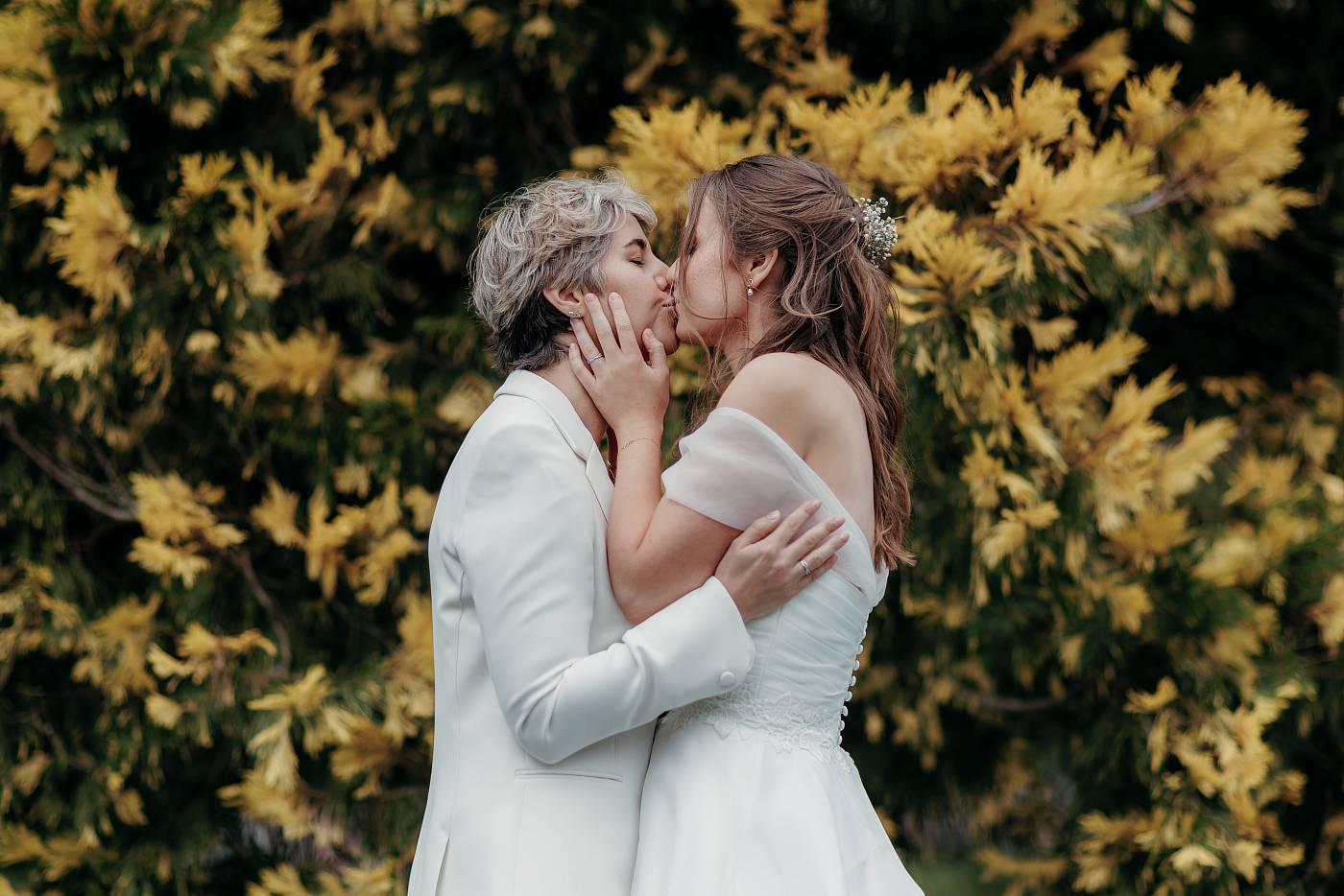 Les mariées devant un arbre aux belles couleurs jaunes